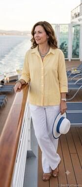 White Stag Pastel Yellow Crinkle Gauze Blouse Button Down 3/4 Sleeve Top L XL